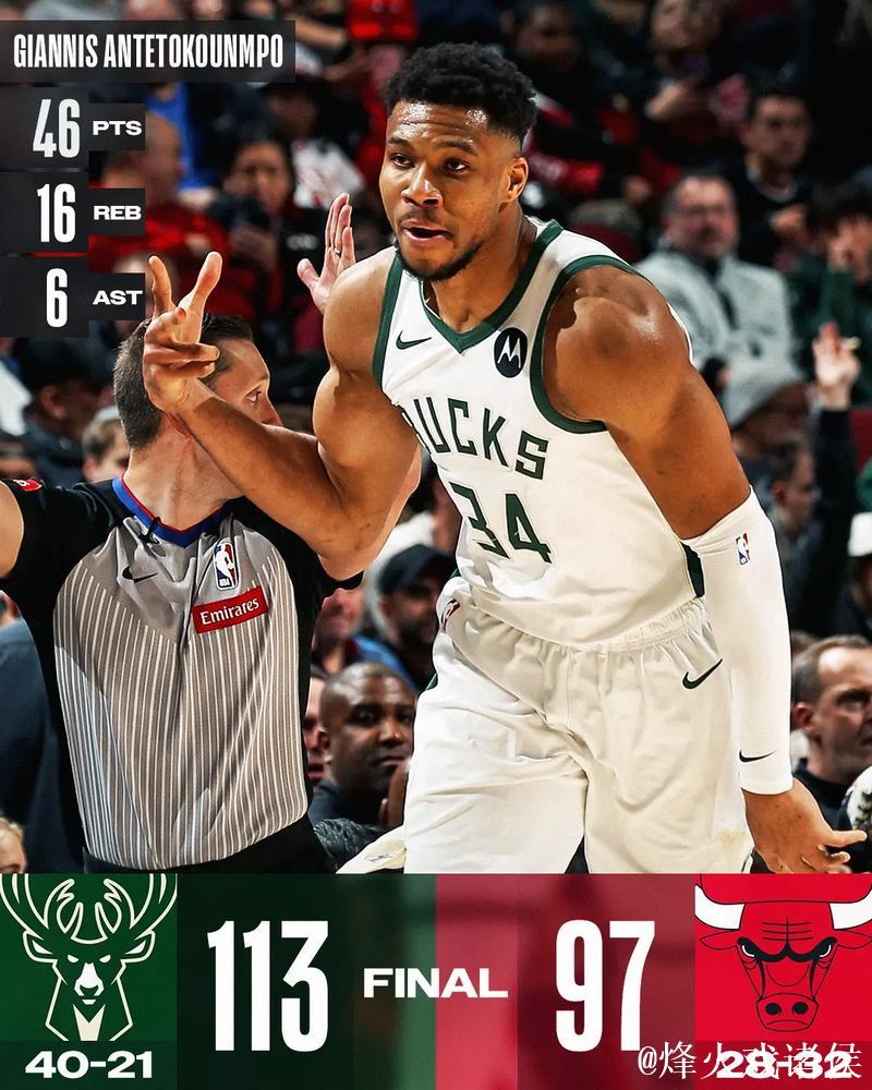 字母哥强势回归砍29+8 罗林斯添20分 雄鹿客场惊险击败公牛